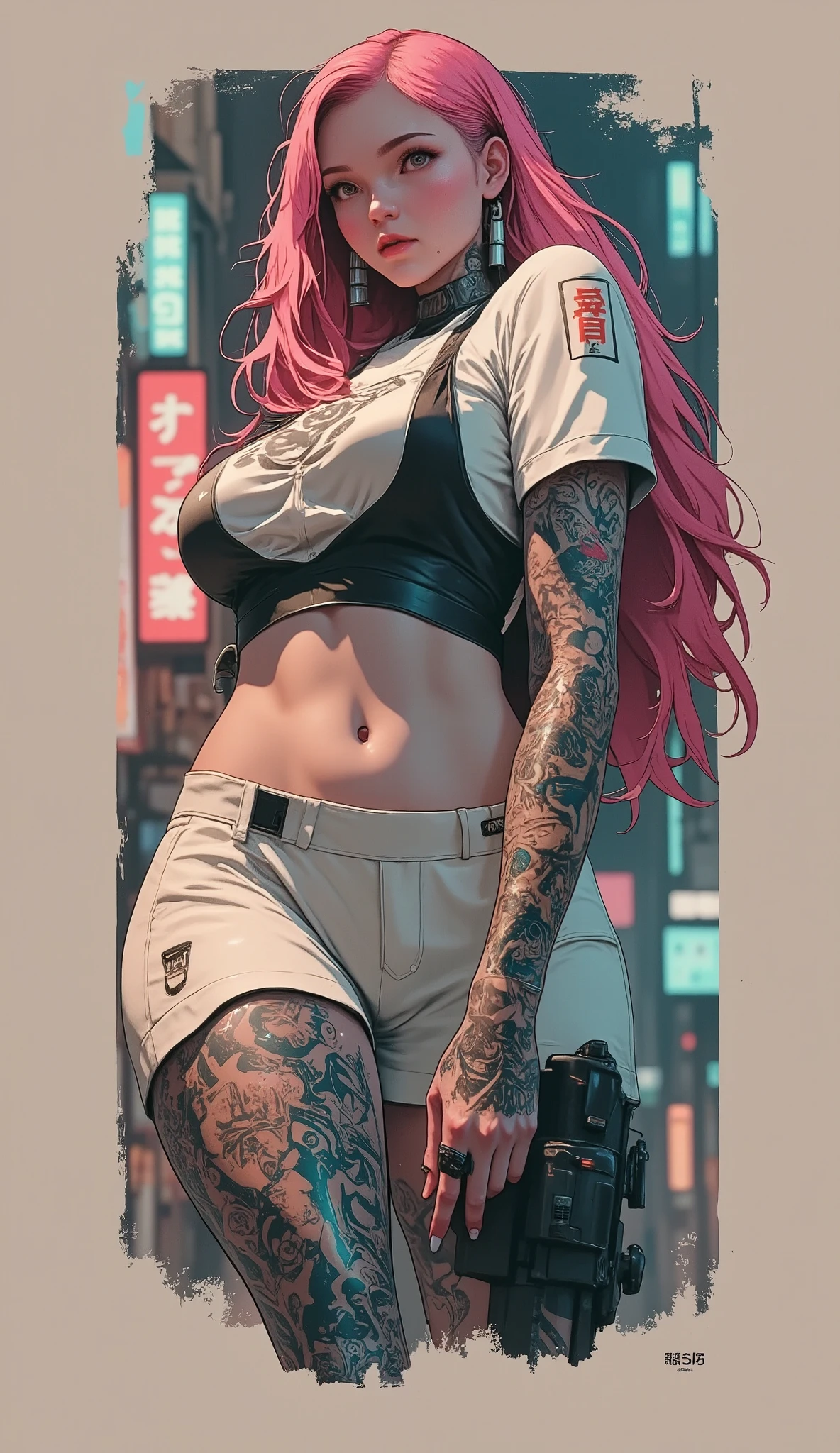 foreground,  anatomically correct x  , A voluptuous ,  wide hips,  Big breasts , , without showing private parts  ,  Young woman with long pink hair , tattooed body,  Wears a miniskirt and a white top ..,  Subtle view of her butt in a full body shot..,  detailed face and eyes ,  Intricate tattoo designs ,  cinematographic lighting  ,  photorealistic , 8K,  hyper detailed 