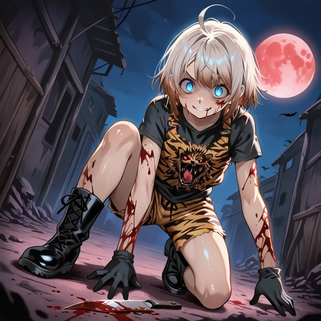  beautiful anime boy crouching on the ground with blood on his face,  anime boy is crouching , Badass Anime 8k, Gap Moe Yandere,  Best Anime 4K Konachan Wallpaper ,  splash art anime Shota ,  high quality anime art style with long brown hair and blue eyes , Gap Moe Yandere grimdark, Red glowing eyes,  official artwork ,  shortcuts, Gray Hair, Ahoge,  shiny hair,  colorful hair, Swept-apart bangs,  holding a survival knife in his hand ,  wearing a black t-shirt under a red hoodie , Blue tiger print shorts , Safety boots,  Dutch angle, night,  dark back alley background ,  background blur , moving line,  show your teeth and laugh, Mischievous, 