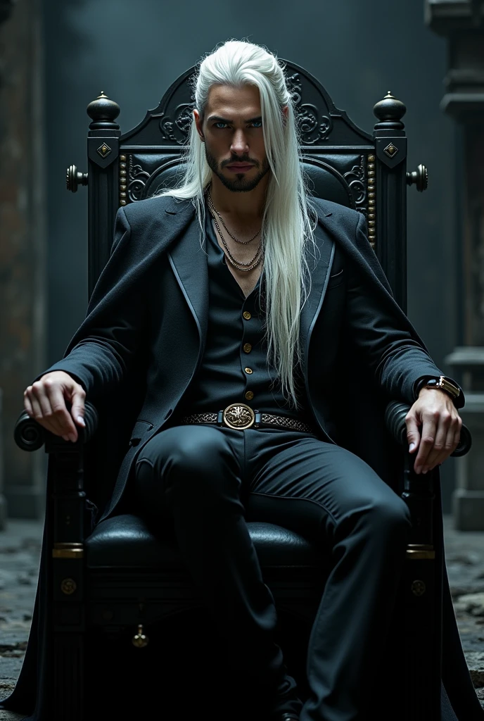 Create a handsome prince of hell, attractive and imposing, He is sitting on a chair made of branches and is dressed only in a long, semi-transparent black tunic with gold embroidery., that has a body pants and a belt, Give him long white hair that falls in waves over his bare chest with some snake tattoos, that has a sly and captivating smile, that is holding a glass of wine. Don&#39;t put a beard on him