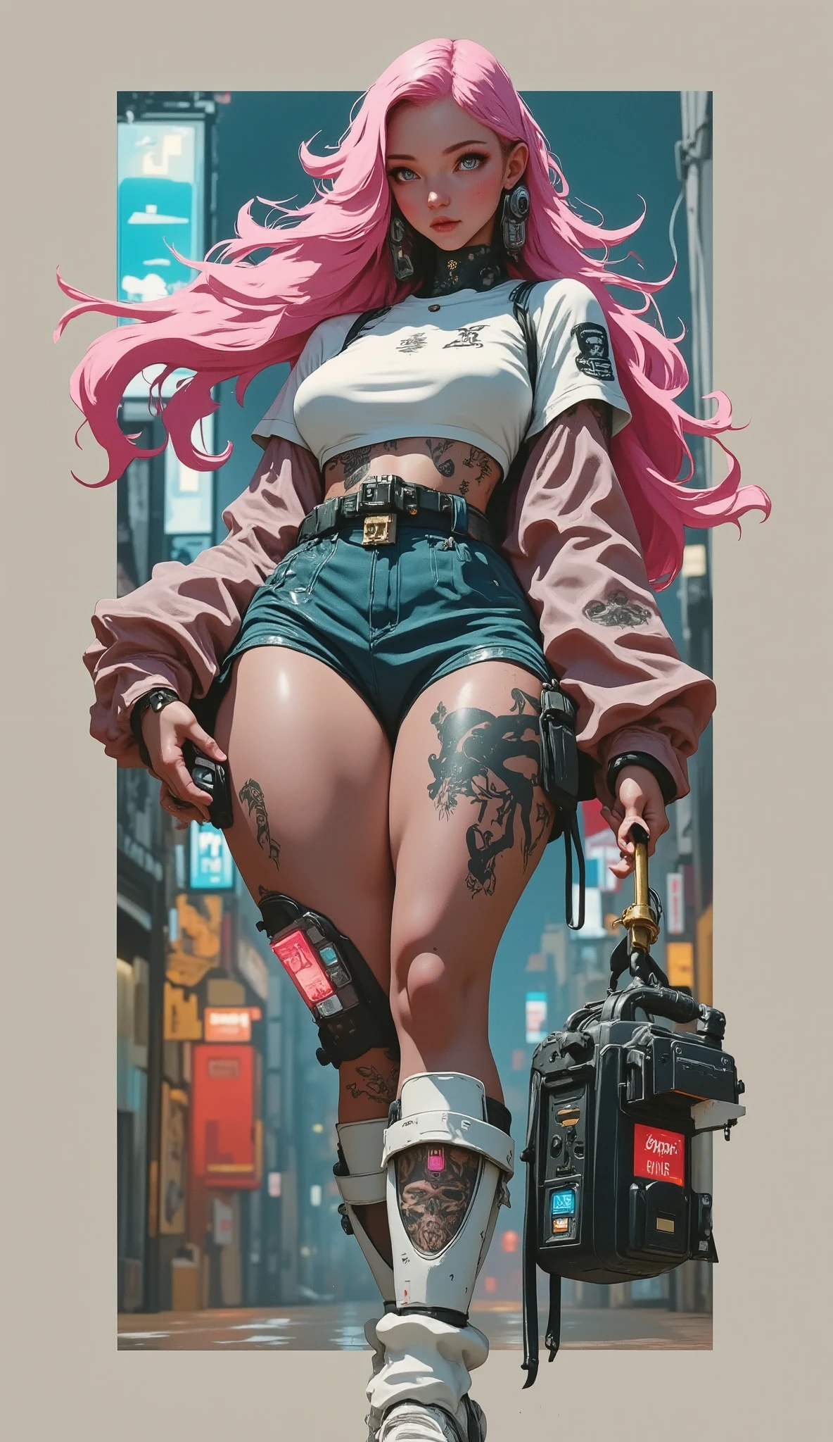 foreground,  anatomically correct x  , A voluptuous ,  wide hips,  Big breasts , , without showing private parts  ,  Young woman with long pink hair , tattooed body,  Wears a miniskirt and a white top ..,  Subtle view of her butt in a full body shot..,  detailed face and eyes ,  Intricate tattoo designs ,  cinematographic lighting  ,  Photorealistic , 8K,  hyper detailed 