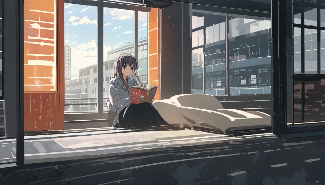 Girl sitting on sofa reading a book,In front of a large window,Morning sunlight,Streetscape