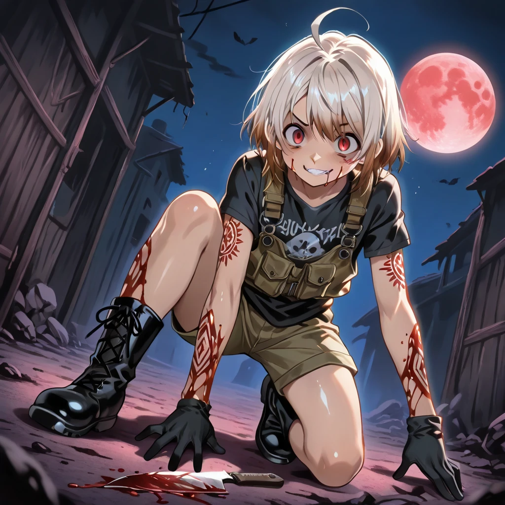  beautiful anime boy crouching on the ground with blood on his face,  anime boy is crouching , Badass Anime 8k, Gap Moe Yandere,  Best Anime 4K Konachan Wallpaper ,  splash art anime Shota ,  high quality anime art style with long brown hair and blue eyes , Gap Moe Yandere grimdark, Red eyes,  official artwork ,  shortcuts, Gray Hair, Ahoge,  shiny hair,  colorful hair, Swept-apart bangs,  holding a survival knife in his hand ,  wearing a black t-shirt under a red hoodie , Blue shorts, Safety boots,  Dutch angle, night,  dark back alley background ,  background blur , moving line,  show your teeth and laugh, Mischievous,  tribal pattern tattoo on right cheek, 