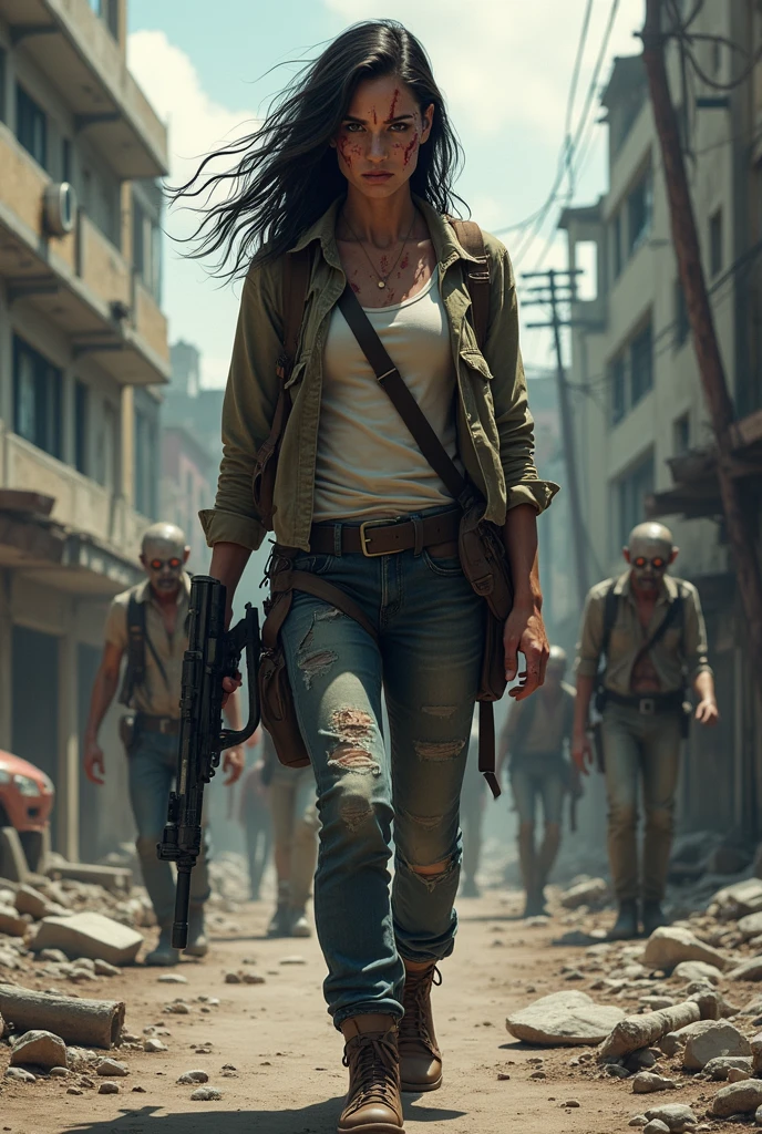 créer un univers apocalypyique avec une jeune femme brune blessé qui court avec une arme a la main