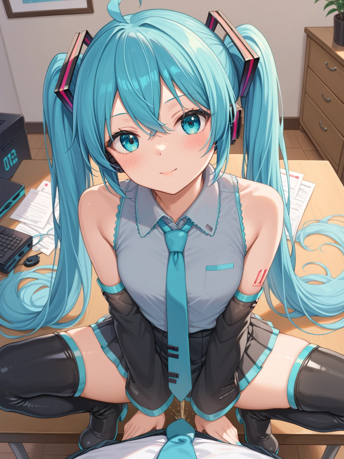 score_9_up, score_8_up, masterpiece, best quality, 1girl, solo, nsfw, 
BREAK
cowboy shot, POV, looking at viewer, Bedroom, 
BREAK
on table, squatting with knees up, spread legs,She is urinating, 
BREAK
(miku hatsune, ahoge, aqua eyes, aqua hair, crossed bangs, hair between eyes, hair ornament, headphones, long hair, twintails, aqua necktie, black footwear, black skirt, black sleeves, boots, collared shirt, detached sleeves, grey shirt, necktie, pleated skirt, shirt, skirt, sleeveless, sleeveless shirt, thigh boots, tie clip),