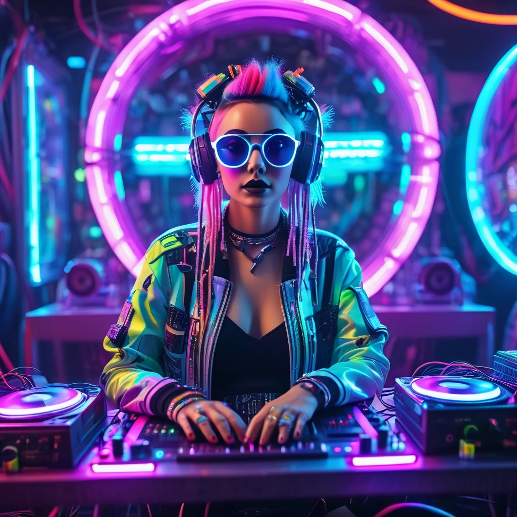 Junge, "Cyberpunk DJ lady with a cool neon head set, colorful neon lights all around, multi-colored hair, multi-colored, front view, cool open jacket and crop top shirt, rocking sun glasses, two big LED speakers that light up each side, immersed in a neon-lit environment, vinyl records on turntables with music mixers and turntables in front of them, giving off the thrilling disco vibe of a futuristic nightclub. You can clearly see the large neon sign on the wall that reads "cafe tuselak"