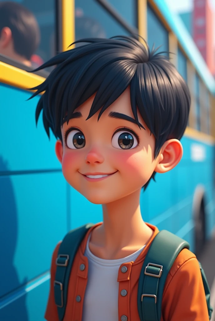 describe a man, aged 17 years, with blue and orange school wearpack, school background with black French Crop hair style, warna kulit sawo matang, 3d realistic 