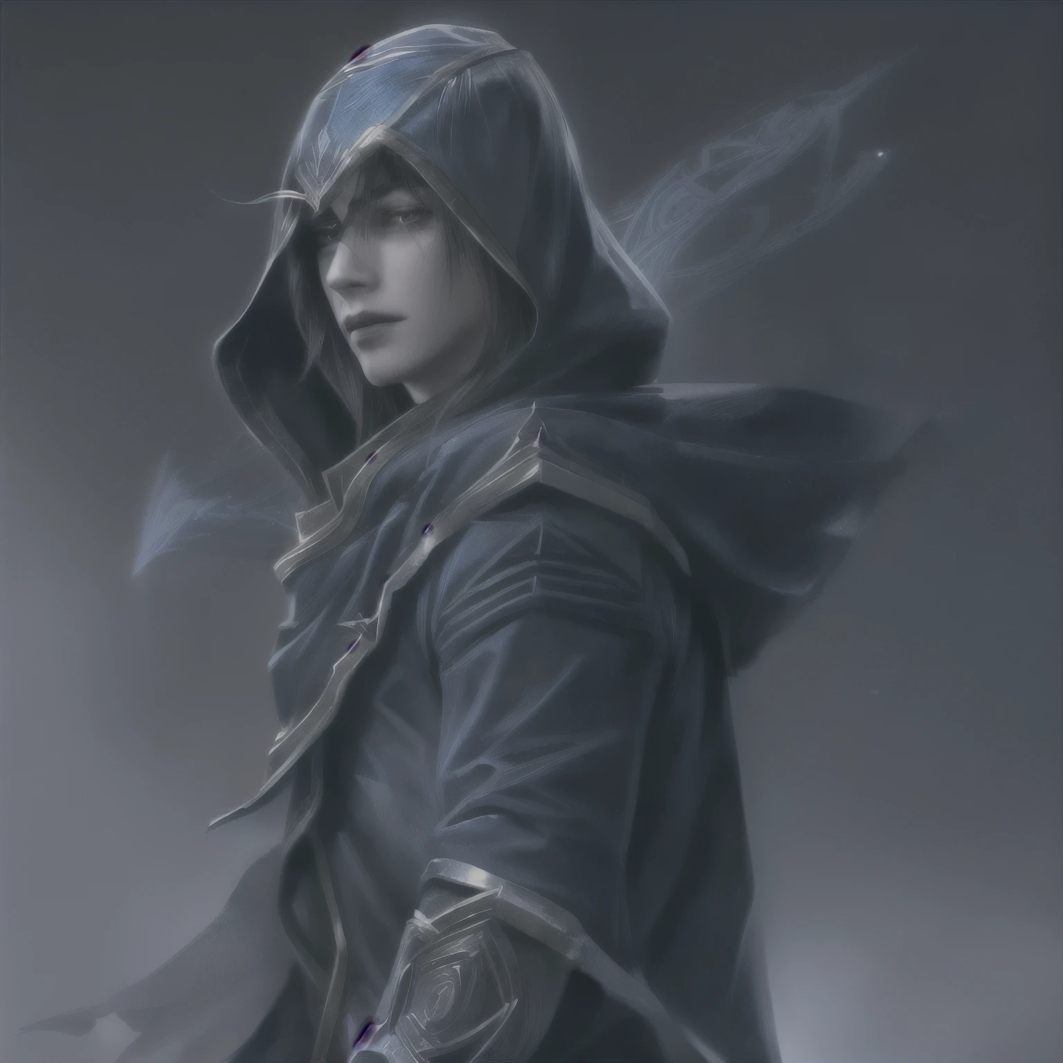 Talon (league of legends), masterpiece, best quality, realistic, 1man, young male, quiet and charming young man, 20 years old, close his eyes, serious, closed mouth, extremely detailed face, cold, ((dark eyes)),straight layered bangs hair ((hair medium hair long in length)), [thick eyebrows], ((blue clothes)), accurate, detailed, capuz na cabeça, hood, little blades in the clothes, capuz com uma ponta em cima da testa, armadura no ombro esquerdo