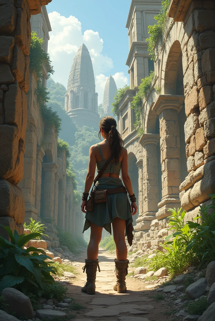 tomb raider style , tomb, jungle, rivers, ancient old buildings, looking down on landscape