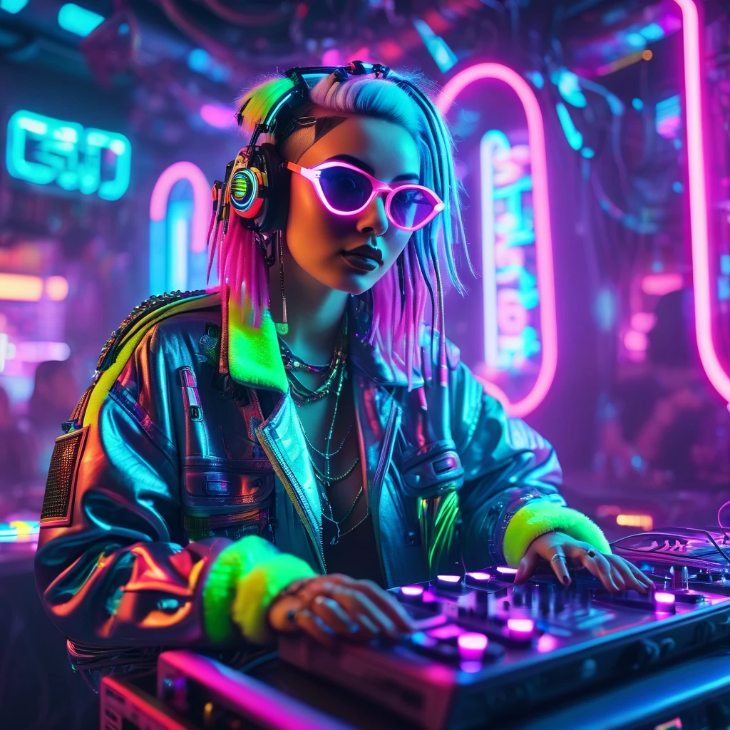 Junge, "Cyberpunk DJ lady with a cool neon head set, colorful neon lights all around, multi-colored hair, multi-colored, front view, cool open jacket and crop top shirt, rocking sun glasses, two big LED speakers that light up each side, immersed in a neon-lit environment, vinyl records on turntables with music mixers and turntables in front of them, giving off the thrilling disco vibe of a futuristic nightclub. You can clearly see the large neon sign on the wall that reads "cafe tuselak"