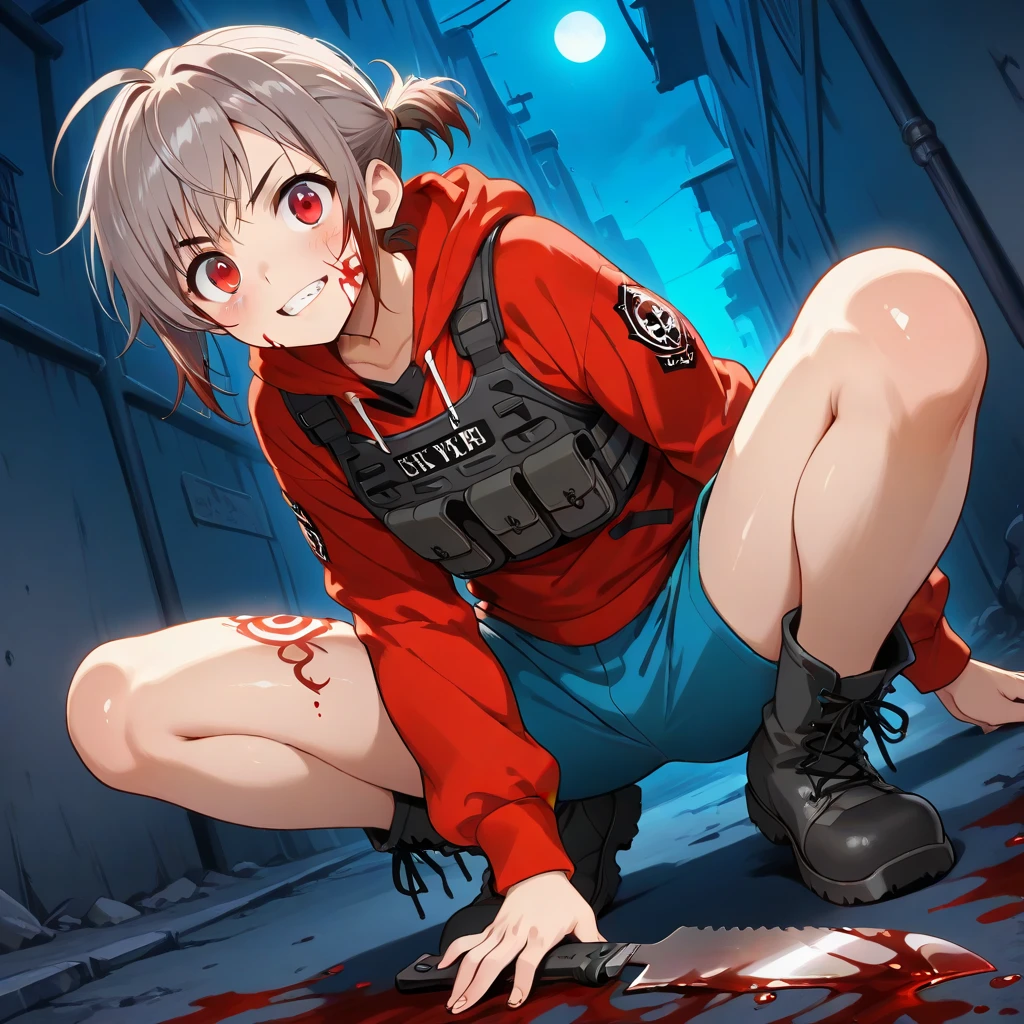 Cute anime boy crouching on the ground with blood on his face, Beautiful Boy, solo, 8 K, Best Anime 4K,  splash art ,  high quality anime art style with long brown hair and blue eyes , Red eyes,  shortcuts, Gray Hair, Ahoge,  shiny hair,  Swept-apart bangs,  short ponytail in a low position ,  holding a survival knife in his hand ,  wearing a black t-shirt under a red hoodie ,  Tactical Vest, Blue shorts, Safety boots,  Dutch angle, night,  dark back alley background ,  background blur , moving line,  show your teeth and laugh, Mischievous,  tribal pattern tattoo on right cheek, The ground is bloody , 