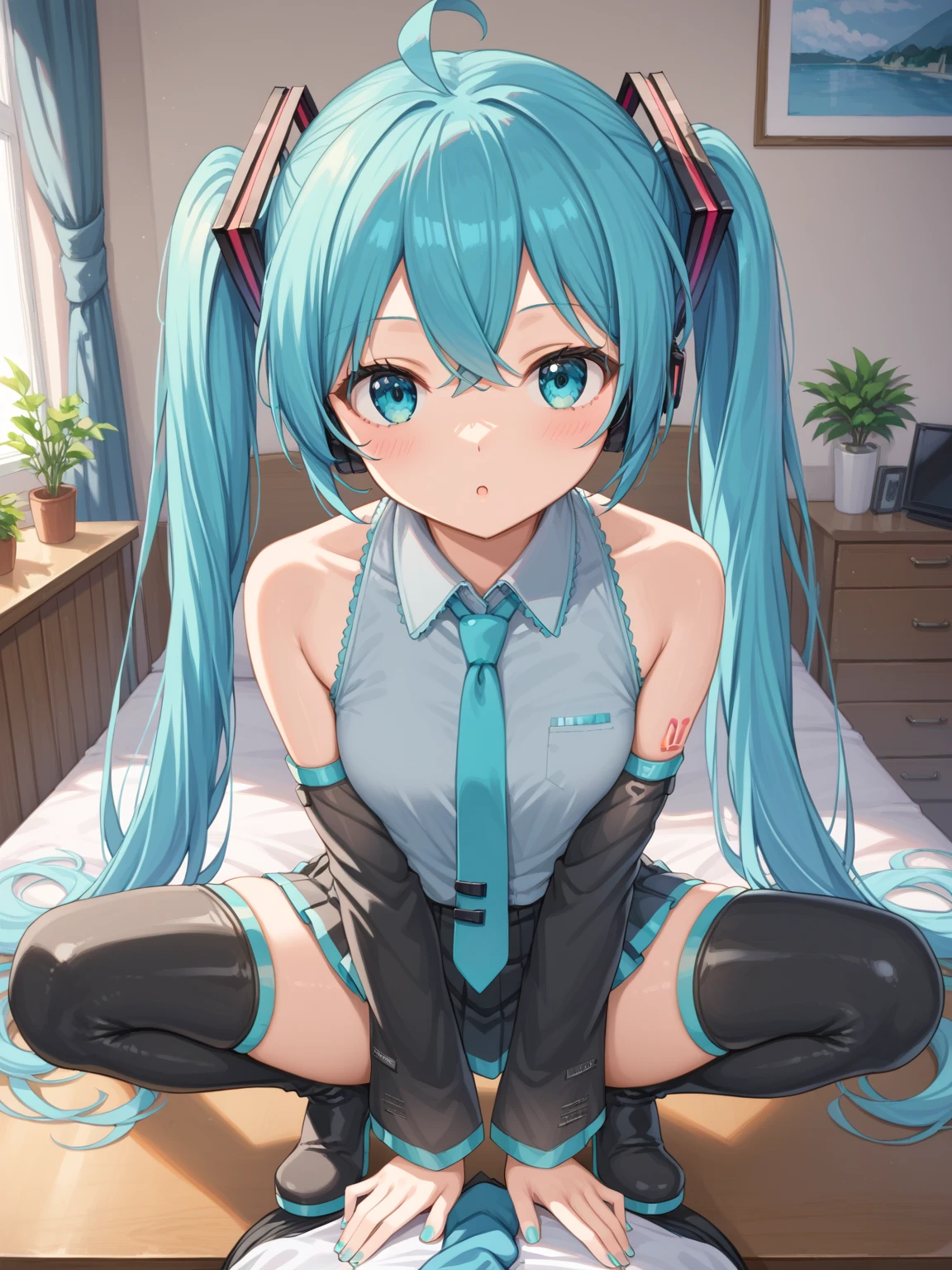 score_9_up, score_8_up, masterpiece, best quality, 1girl, solo, nsfw, 
BREAK
cowboy shot, POV, looking at viewer, Bedroom, 
BREAK
on table, squatting with knees up, spread legs
BREAK
(miku hatsune, ahoge, aqua eyes, aqua hair, crossed bangs, hair between eyes, hair ornament, headphones, long hair, twintails, aqua necktie, black footwear, black skirt, black sleeves, boots, collared shirt, detached sleeves, grey shirt, necktie, pleated skirt, shirt, skirt, sleeveless, sleeveless shirt, thigh boots, tie clip),