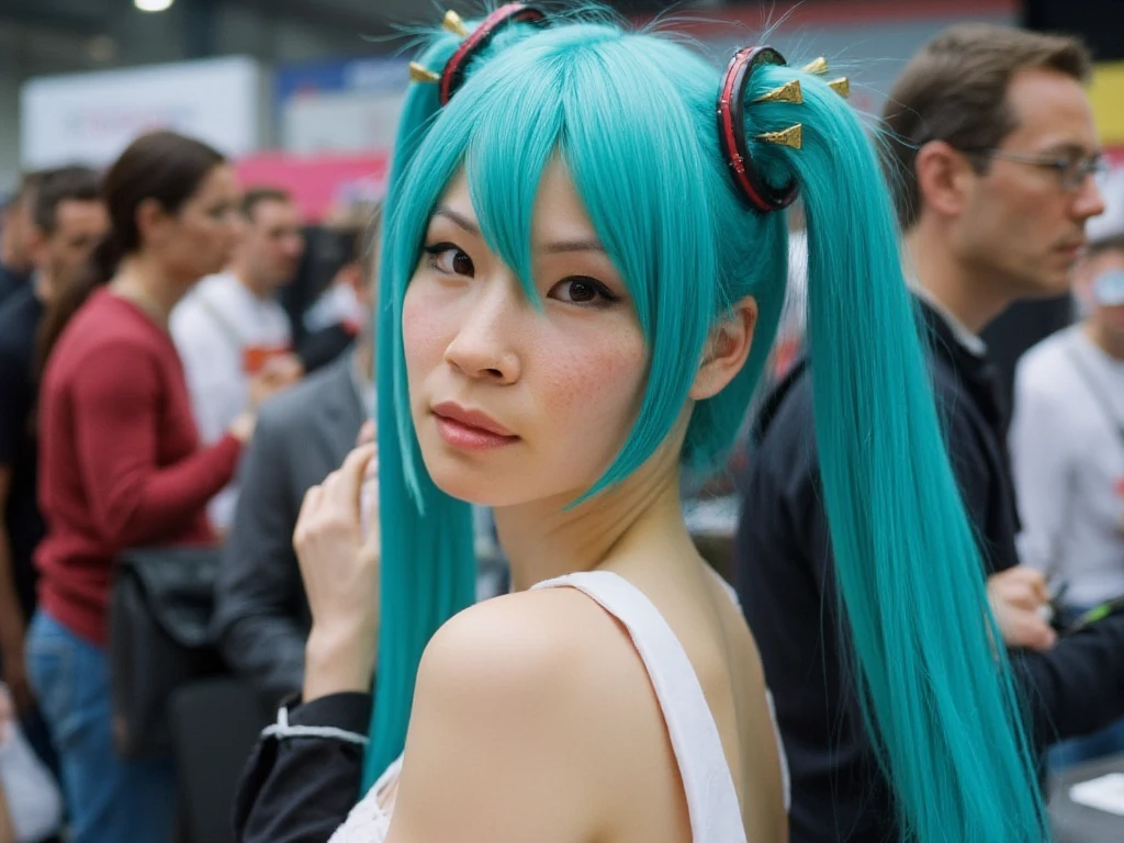 Cinematic photography of Lucy  Liu as Hatsune Miku, featuring stunning aqua blue long hair cascading around her shoulders, adorned with iconic twin tails and delicate hair accessories. Her eyes, a vivid shade of emerald green, sparkle with a blend of enthusiasm and playfulness, capturing the essence of the beloved character. The half body shot shot focuses on her pose highlighting the subtle makeup that enhances her youthful appearance, including a soft blush and glossy lips that mirror the character's aesthetic. In this dynamic image, the woman poses gracefully, her head tilted slightly to the side, embodying a whimsical motion that creates a sense of liveliness in the image. The angle of the shot emphasizes the body while the angelic pose of her looking back over her shoulder.. The background is in a cosplay evevnt at a convention center surrounded by different anime enthusiasts, cute girls and some s nerds. 