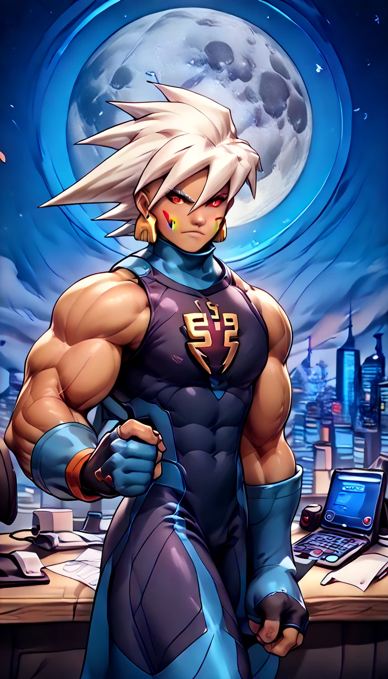  anatomically correct ,  Max Image,(((( huge muscles, sc1er6 {x} mega man {x} sc1er6 {x} mega man {x} x} x} is a good idea,, stretch pose taken in the president's office,high-pressure face )))),source anime,highly detailed,score 9,score 8 up,score 7 up,male focus,((bl6ck _ sc1er6 , colored sclera, black sclera,gloves, elbow gloves, black gloves,  capelet , black  capelet , fingerless gloves))frown, cowboy shot, Alone ( mega man ), Alone, 1boy, white hair, spiked hair, hair between eyes, facial mark, white eyebrows, red eyes, dark skin, bodysuit, crest, earrings, long sleeves, upper body night, moon, outdoors,nsfw,