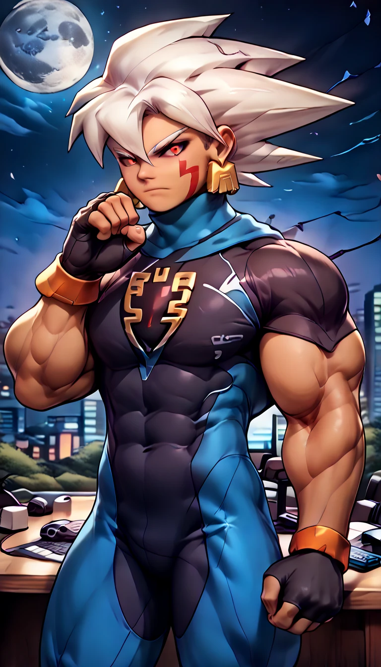  anatomically correct ,  Max Image,(((( huge muscles, sc1er6 {x} mega man {x} sc1er6 {x} mega man {x} x} x} is a good idea,, stretch pose taken in the president's office,high-pressure face )))),source anime,highly detailed,score 9,score 8 up,score 7 up,male focus,((bl6ck _ sc1er6 , colored sclera, black sclera,gloves, elbow gloves, black gloves,  capelet , black  capelet , fingerless gloves))frown, cowboy shot, Alone ( mega man ), Alone, 1boy, white hair, spiked hair, hair between eyes, facial mark, white eyebrows, red eyes, dark skin, bodysuit, crest, earrings, long sleeves, upper body night, moon, outdoors,nsfw,