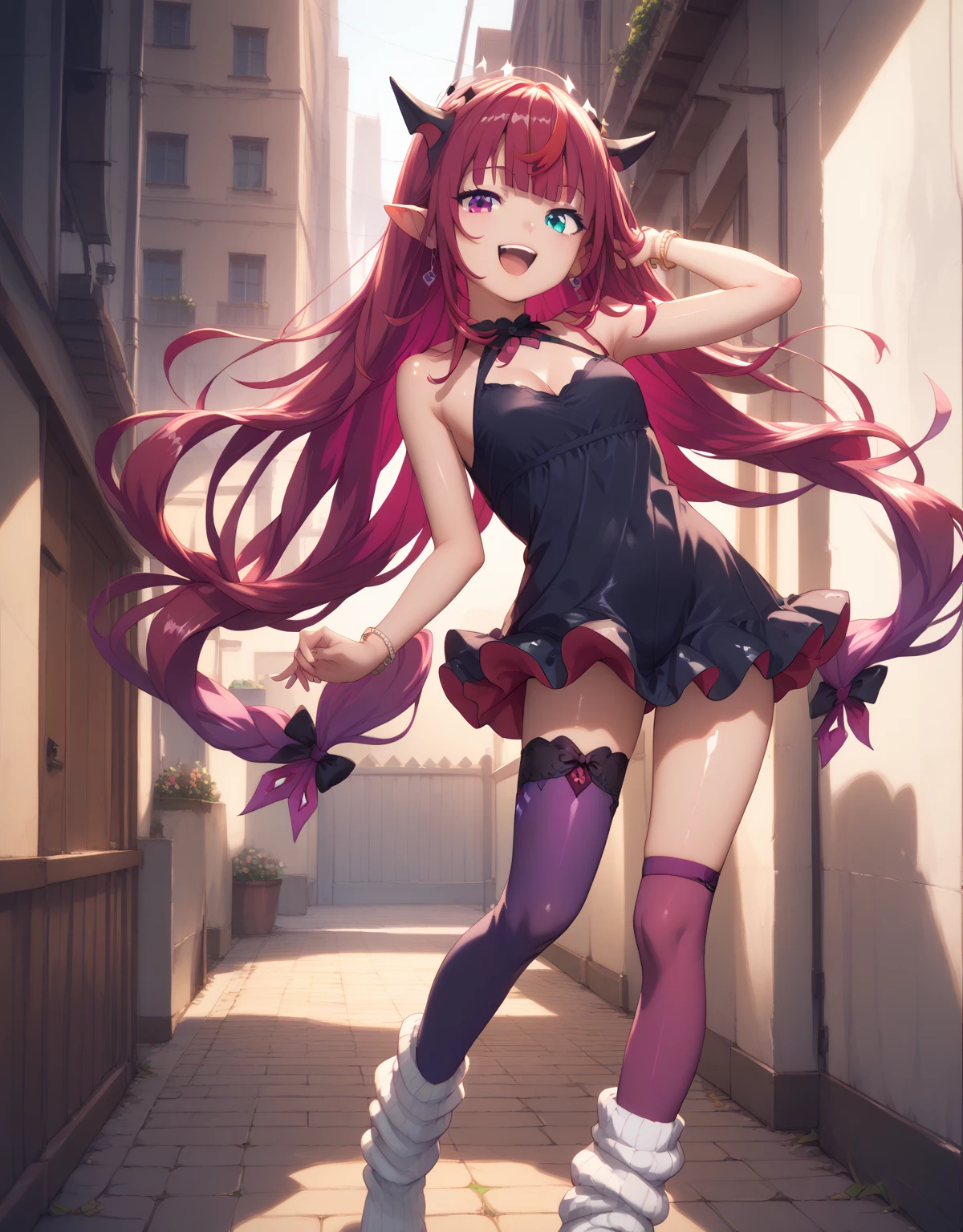 IrysUnderwear, heterochromia, purple eye, blue eye, long hair, black dress, sleeveless dress, short dress, purple thighhighs, gradient legwear,, loose socks, good anatomy, shiny skin, two arms, two legs, laugh, dynamic pose, (looking at viewer), Shiny, skin,