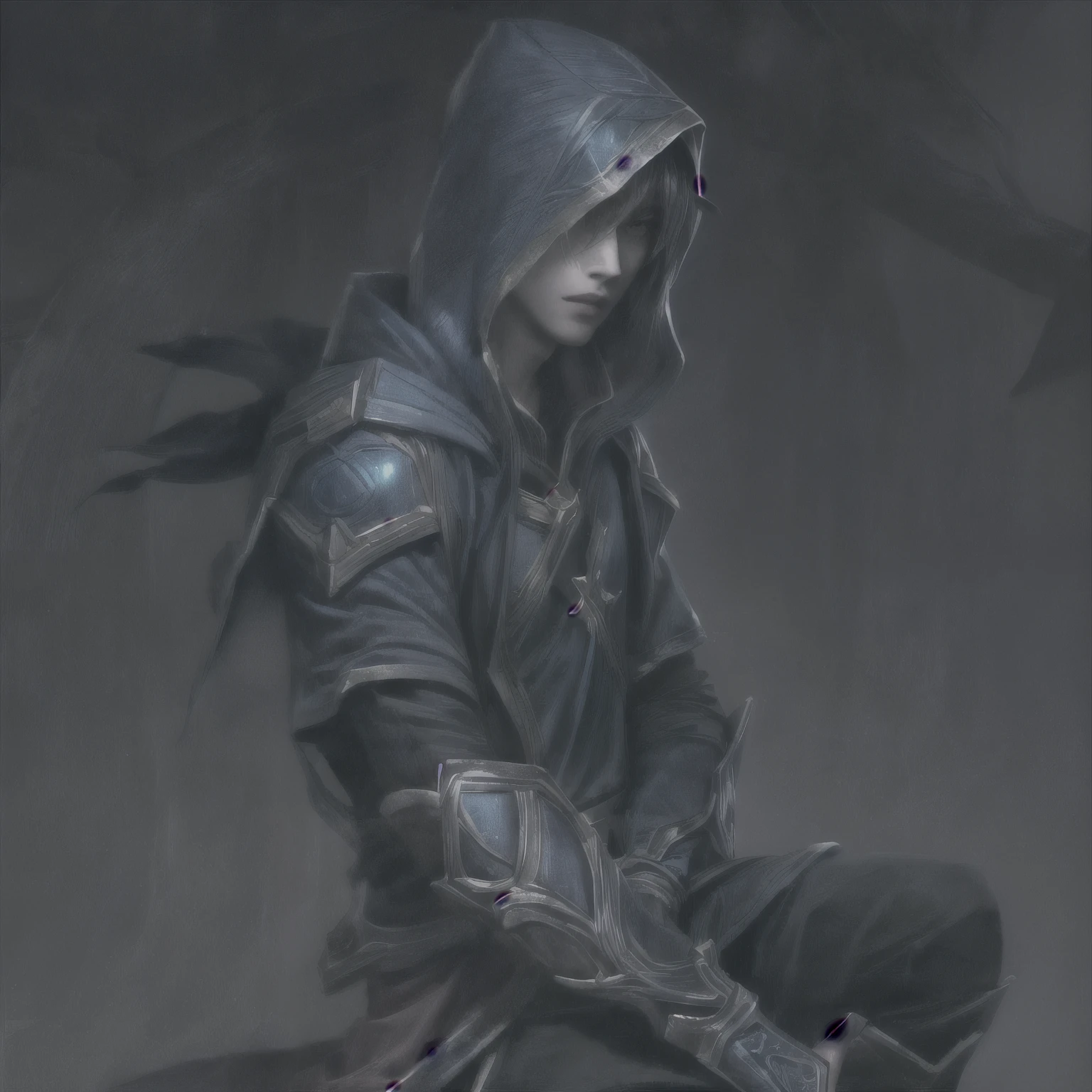 Talon (league of legends), masterpiece, best quality, realistic, 1man, young male, quiet and charming young man, 20 years old, close his eyes, serious, closed mouth, extremely detailed face, cold, ((dark eyes)),straight layered bangs hair ((hair medium hair long in length)), [thick eyebrows], ((blue clothes)), accurate, detailed, capuz na cabeça, hood, little blades in the clothes, capuz com uma ponta em cima da testa, armadura no ombro esquerdo