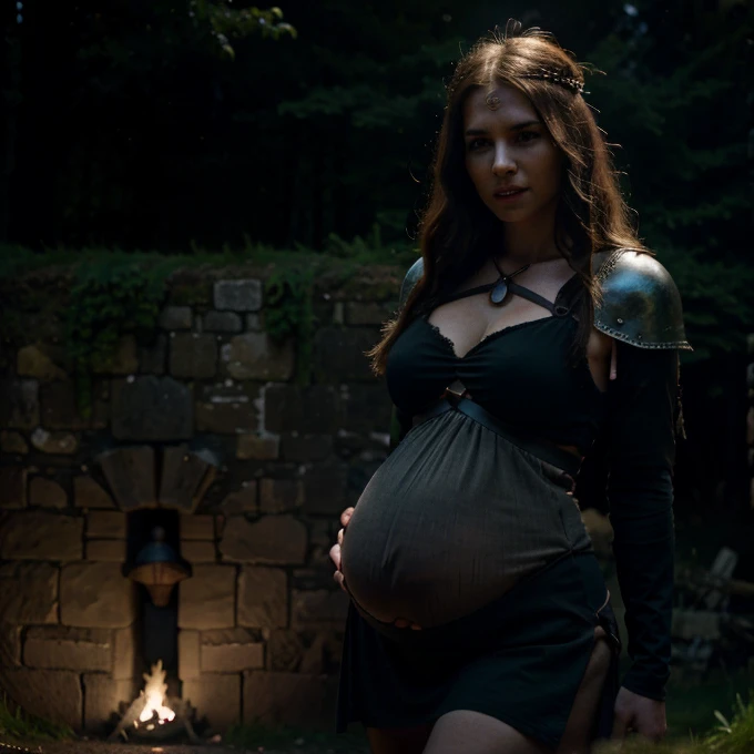 attractive medieval warrior princess, circa 1500s, castle on scotland countryside, short hair, midriff, pregnant belly, huge hips, biting teeth expression, gloomy forest, night, cinematic dark lit