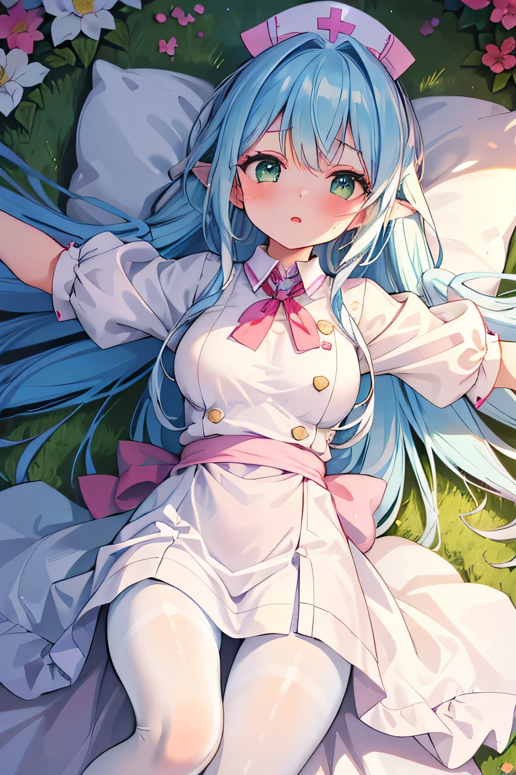 (masterpiece, best quality, 8k, super detailed:1.3), beautiful, 1girl, front view, looking to the side, (blue hair:1.2), pink dip-dye hair, (very long hair, straight hair, sidelock:1.4), (green eyes, big eyes:1.2), (with angel wings on back:1.5), , (dress, nurse, puff sleeves, white clothes, pantyhose, gloves:1.3), anguish, blush, (lying on back, open arms for viewer:1.5), (Young Female, 17yrs, sweat, gleaming skin, Perfect Fingers, Perfect Eyes:1.1), in the flower garden, best light,