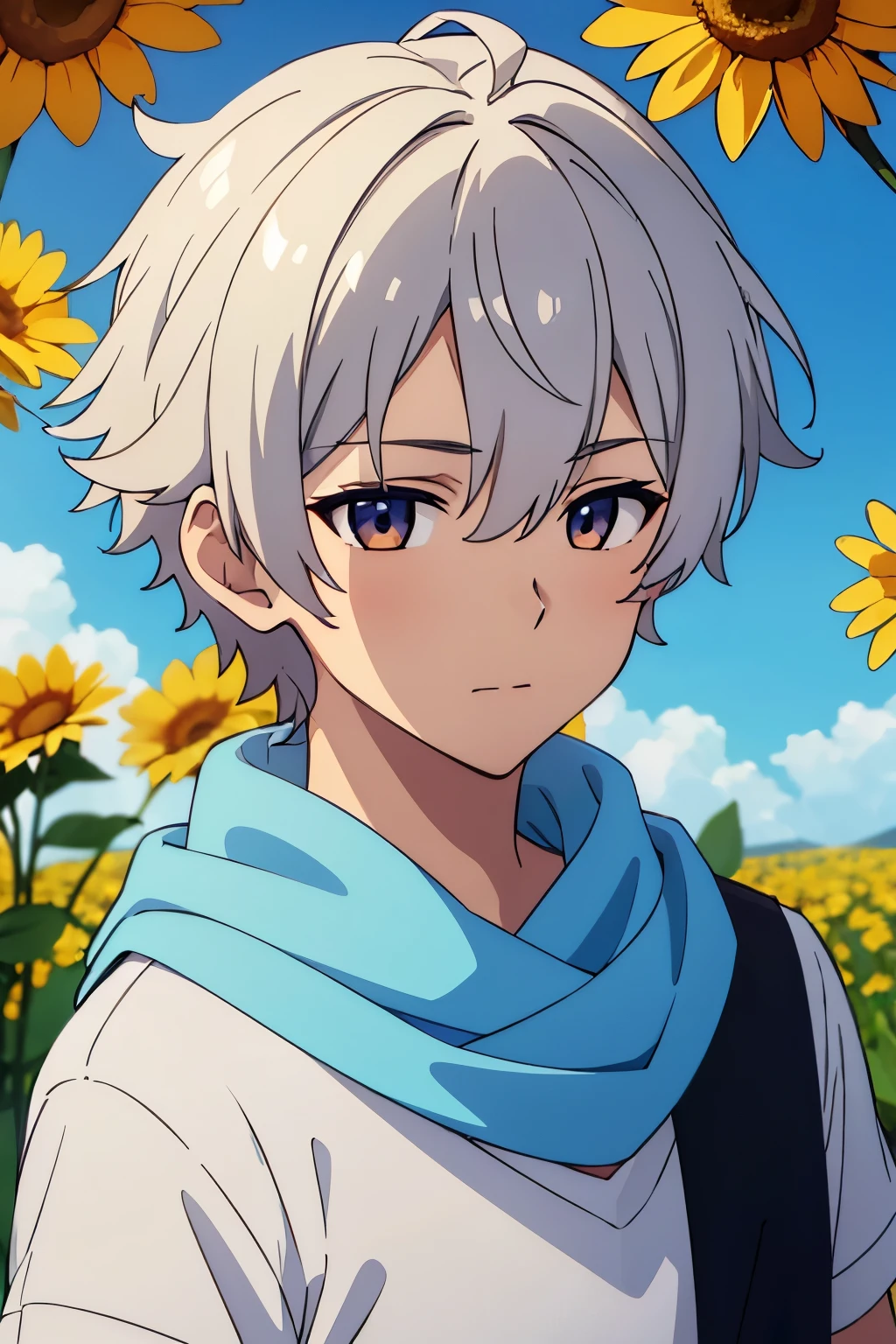 (high-quality, breathtaking),(expressive eyes, perfect face) 1boy, male, solo, teenager, white silver hair, golden highlights, soft wavy hair, short hair length, soft smile, kind face, blue scarf, white sshort sleeved t-shirt, orange undershirt, sky blue background, golden yellow flowers, flowers, petals, outdoor, hair ornaments, flower ornaments, hair flowers, narrow eyes,