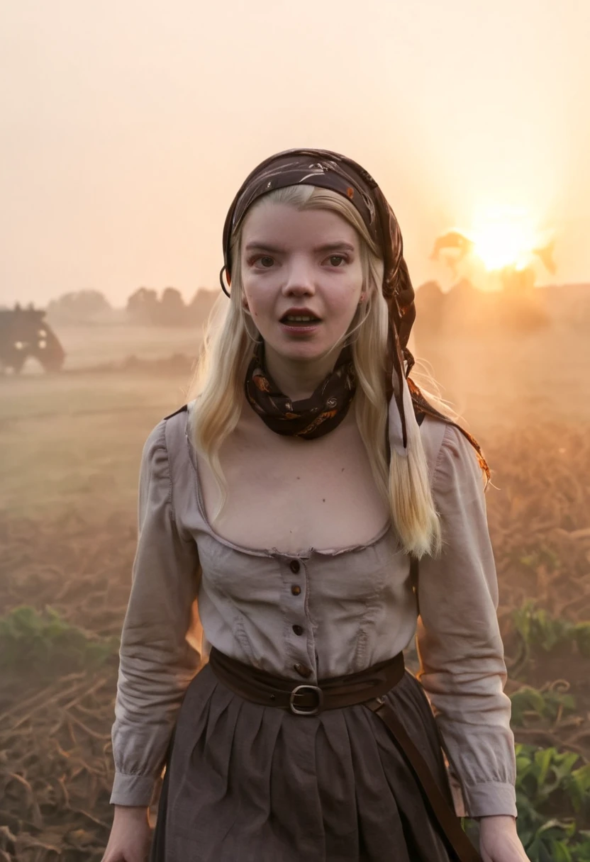 "****ung woman, ((Anya Taylor joy, witch)), > with a scarf tied on her head,
yelling in front of the camera. "Thomasin" anger, feeling of deep pain; background, farm, environment, sunrise, atmosphere, mysterious, photo realistic, good lighting, best masterpiece, 8k"