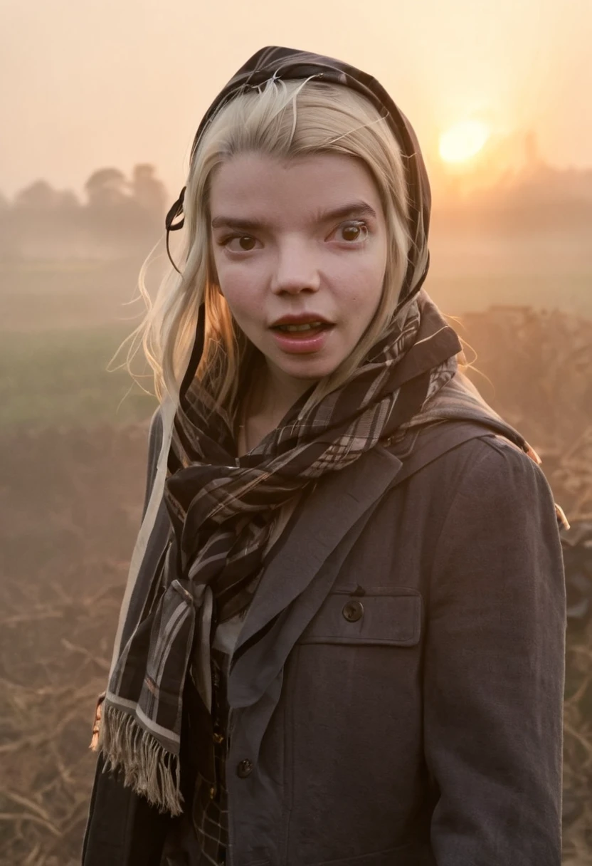 "****ung woman, ((Anya Taylor joy, witch)), > with a scarf tied on her head,
yelling in front of the camera. "Thomasin" anger, feeling of deep pain; background, farm, environment, sunrise, atmosphere, mysterious, photo realistic, good lighting, best masterpiece, 8k"