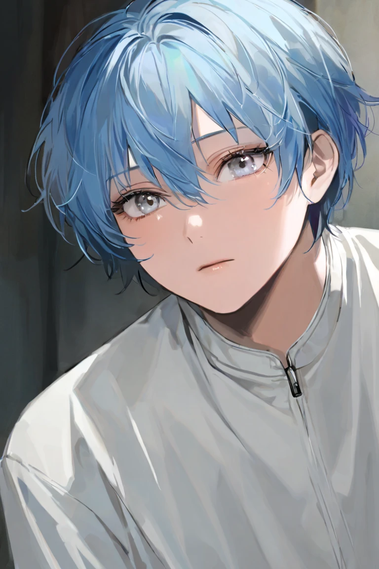 solo、male、一人のmale、Embarrassed、 red cheeks 、Sulky expression、Tsundere、Light blue hair、Age 15、Neckline hair 、 stylish short hair 、 bangs between eyes、Long bangs、Three white eyes、 zitales、Grey Eyes、 young man pose 、 current trendy clothes 、Realistic Background 、気が強いmaleの子、 jacket or hoodie 、 Long Sleeve 、 well-prepared face