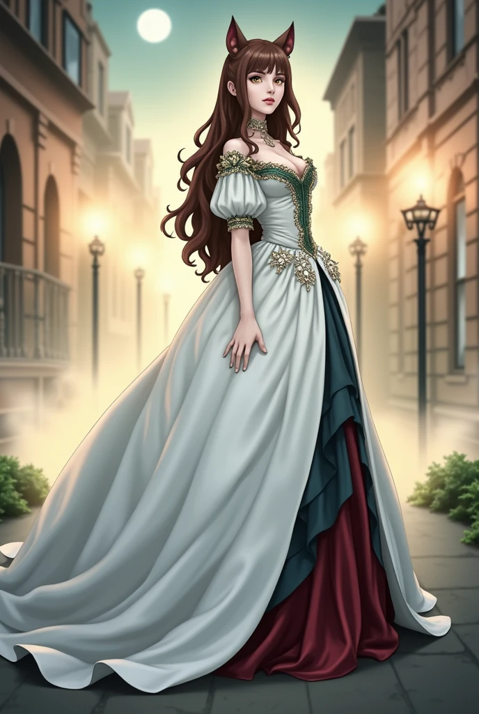 solo, women, green eyes, long hair, black color hair, bare shoulder clothing, formal outfit, long skirt, boots, diamond earrings, Gold necklace, red lipstick, gold bracelet, outdoor, medieval, park Castle, morning day, full body version, full shot camera, (detailed background, detailed hair, detailed clothing), (Bleach style art), big breasts, sad eyes, smile mouth, standing gesture