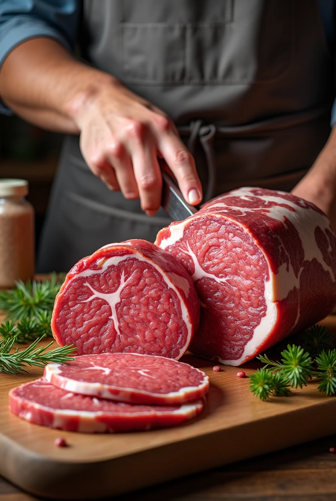 someone cutting a piece of meat on a cutting board with a knife, closeup of a butcher working, filleting technique, in a butcher shop, raw pork, beef, red meat shreds, meat with veins, eating meat, meat, steak, meat texture, chopping hands, butcher, meat veins, precision, juicy meat, ground red meat