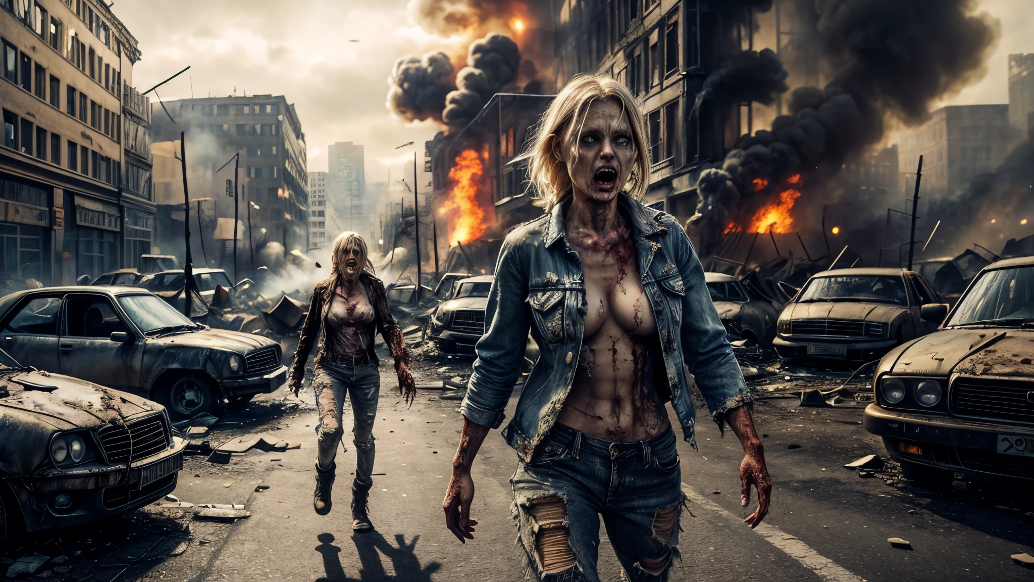 an undead zombie woman wanders among the rubble of a post-apocalyptic landscape, with other undead characters behind her