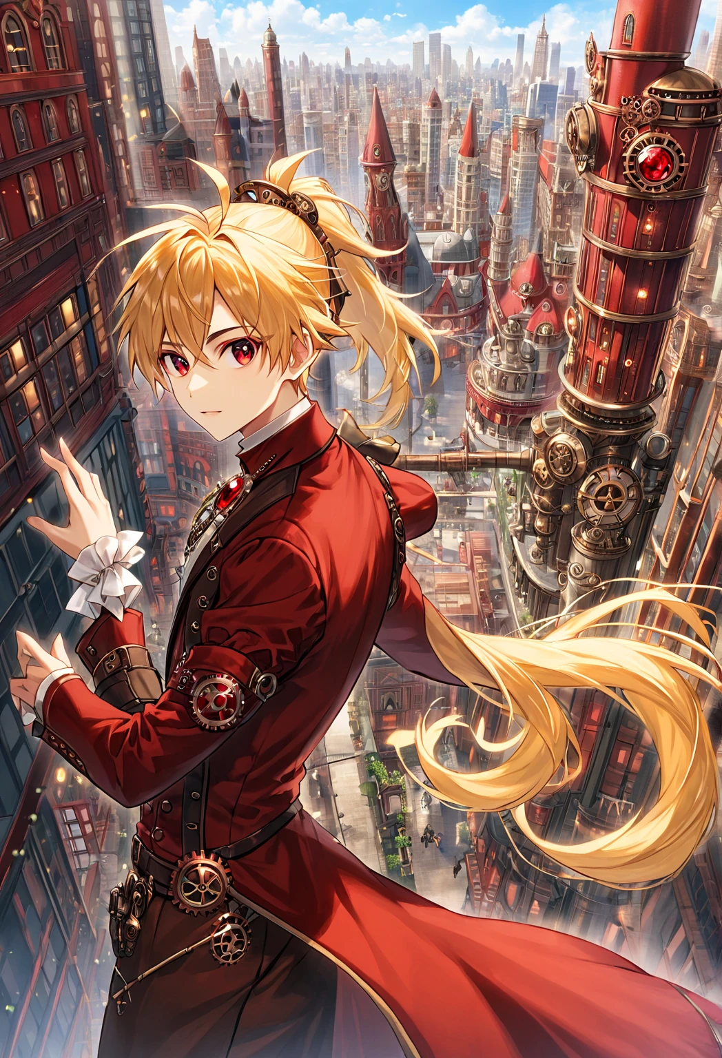  young half elf boy ,  red ruby eyes ,  beautiful face like a girl ,  long ponytail blonde, steampunk suit . City Background.  have .