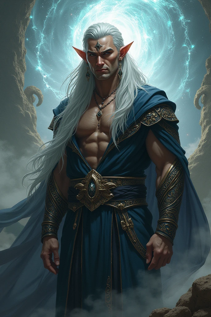 ultra realisitic, super powerful wizard, brawny, powerful and intimidating posture, long grayish white hair, white tunic with black details partially flared and torn open in the middle with muscles on display, black rays emanating from the body and eyes intensely, long staff of with green flame in the top