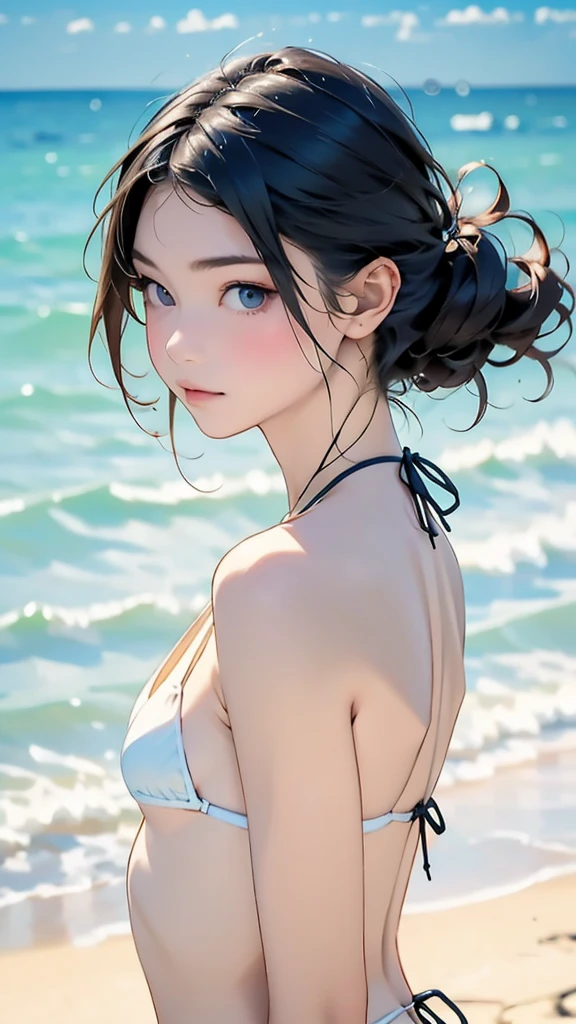 (12years old:1.4),(Very Young Face), (japan Person famous idol), 1girl, 1girl, (Extremely small white micro bikini style:1.4), Stroll along the seaside, sunshine, (masterpiece:1.0),(best_quality:1.0), ultra high res,4K,ultra-detailed, photography, 8K, HDR, highres, (perfect anatomy:1.2),(Beauty of form:1.4) Golden ratio, big eye,(nature's providence:1.4),