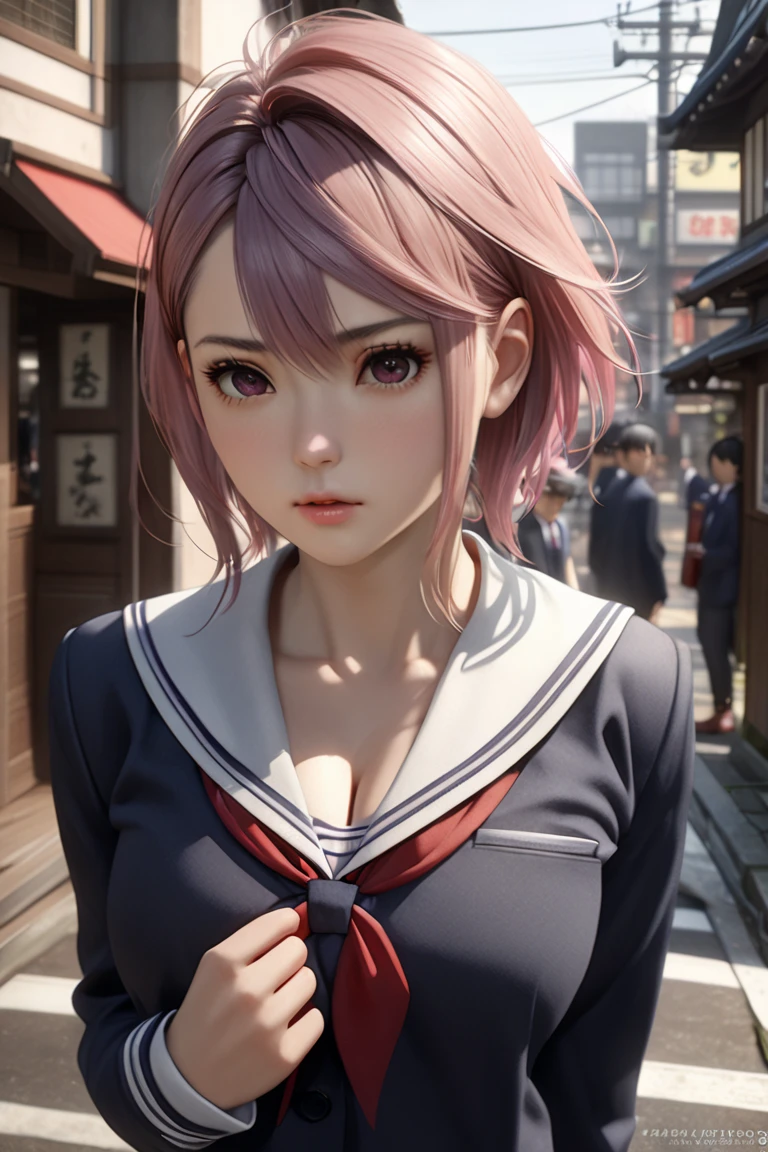 (((Realistic photo shoot))),,  portrait,  Beautiful girl,  viewers who can see through their bust, , ( school uniform:1.2), Button up the shirt 、Wear a skirt, , ( cleavage:1),, On the streets of Japan, (Environment details:1.3),, ( RAW photos , CG Unity, photo shoot, ultra Realistic details,  sharp concentration,  detailed skin,4K,  high definition ,   Masterpiece ,  best quality, Realistic,  vibrant :1.2),, (8k,4K, 超 high definition ,  high definition , professional, movieのような, movie, dramatic),, ( anamorphic depth of field blur background in a Japanese town),  detailed background,