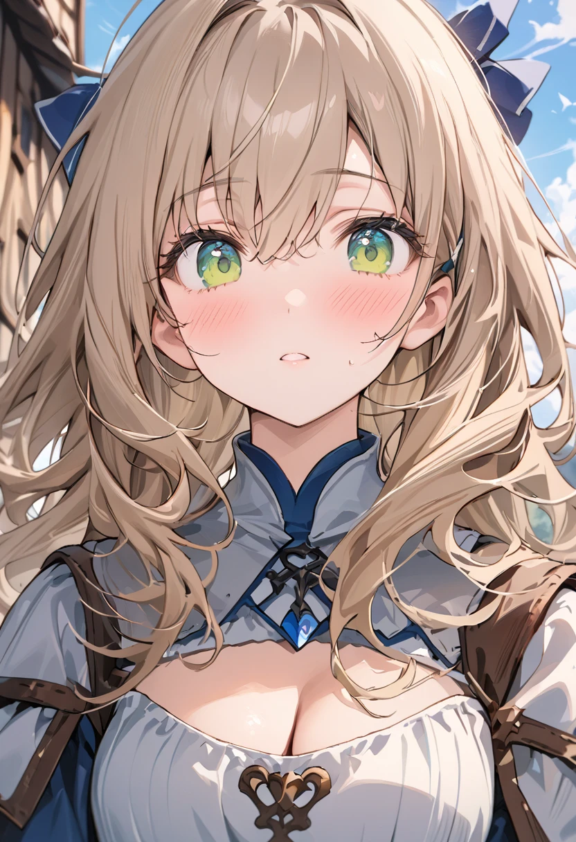 
((Masterpiece)), ((Masterpiece_portrait)), ((Best_qulity)), (unexposed), highres, distinct, distinct_image, hyper_detail, (detailed_face : 0.8), novel illustration, 1girl, solo, light_brown_hair, long_hair, (Wavy_hair : 0.3), sky_blue_hair_ribbon, green_eyes, eyes_slightly_bigger, eye_round, giveing_her_a_uter_look, long_eyelashes, blush, lowleg_skirt, cleavage_cutout,
medieval, Fantasy,  