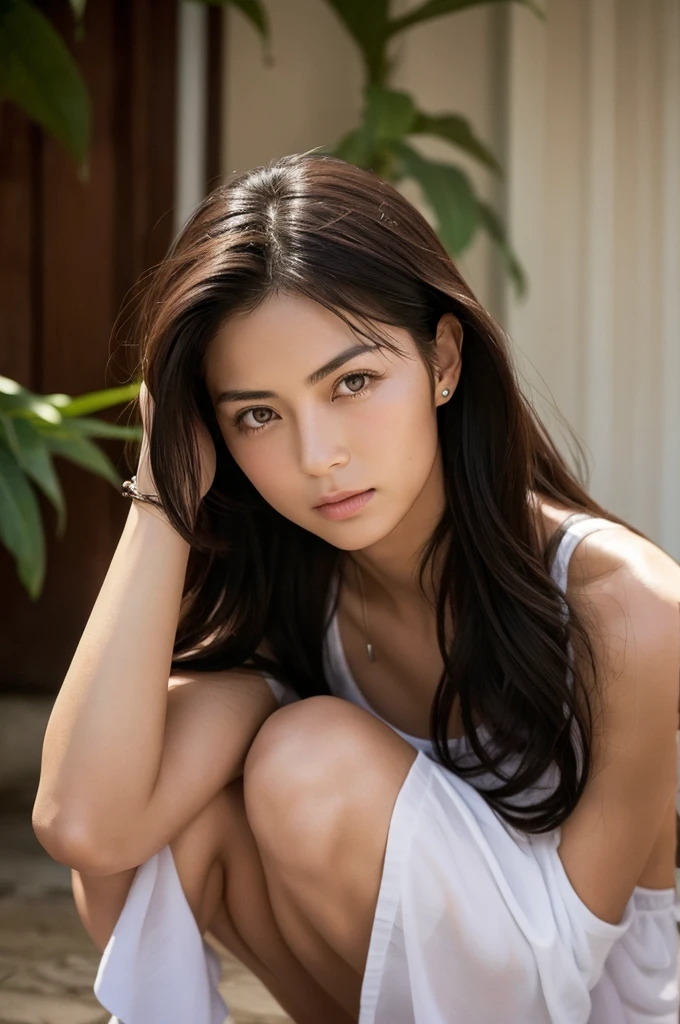 Masterpiece, Ultra HD, High Level, 16k, Best Quality, High Detail, Textured Skin, Anatomically Correct, Soft Light, Extremely Detailed Photo, (Panoramic, Rule of Thirds, Blank Composition), (Background: Jungle: 1.5 , River: 1.5), a young woman with extremely detailed facial features, detailed eye details, and a cold and arrogant expression,