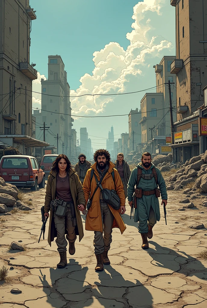Three people in an abandoned city in a desert
