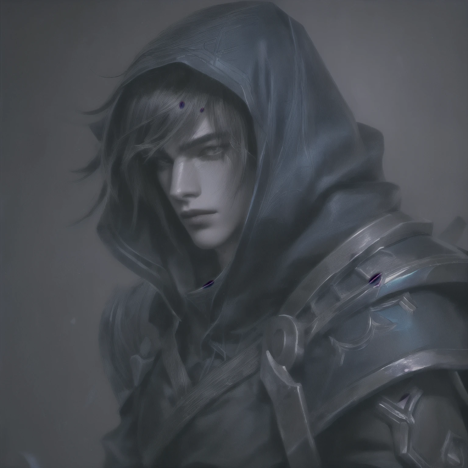 Talon (league of legends), masterpiece, best quality, realistic, 1man, young male, quiet and charming young man, 20 years old, close his eyes, serious, closed mouth, extremely detailed face, cold, ((dark eyes)),straight layered bangs hair ((hair medium hair long in length)), [thick eyebrows], ((blue clothes)), accurate, detailed, capuz na cabeça, hood, little blades in the clothes, capuz com uma ponta em cima da testa, armadura no ombro esquerdo