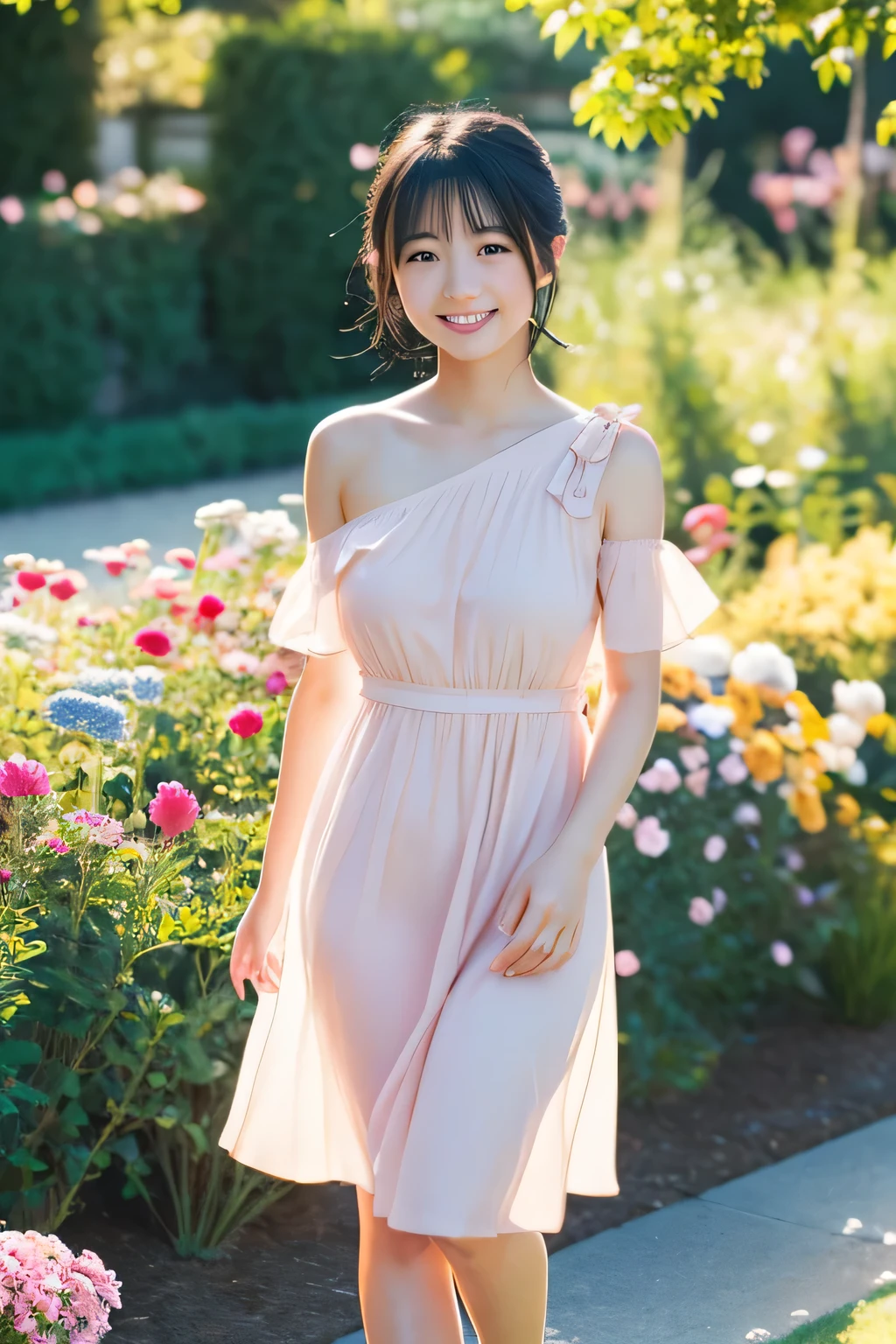 Araffe woman in a pink dress standing in a garden - SeaArt AI