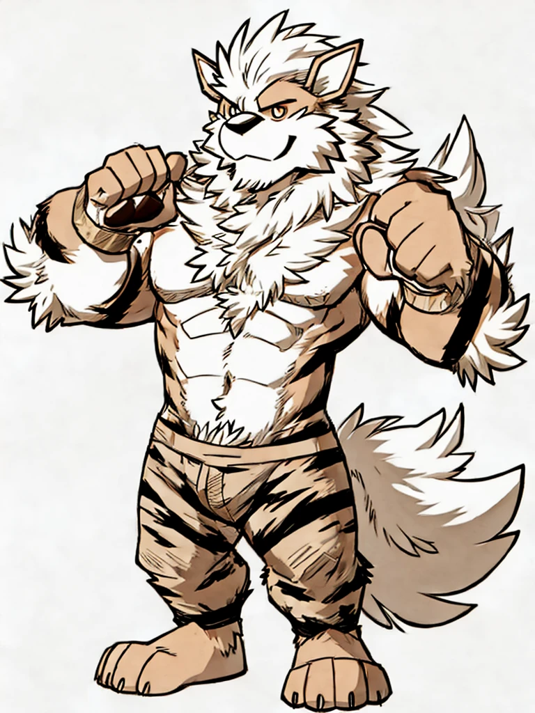 arcanine, Humanity, barefoot, bare chest, strong thigh, simple background, print style, Artist:Takemoto Arashi, paw pads details