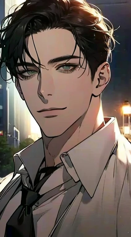 (Highest quality,4K,8K,High resolution,masterpiece:1.2),Super detailed,(Realistic,photoRealistic,photo-Realistic:1.37),1 person,34 years old,Mature Men,Beautiful skin、very handsome,Expressionless smile in love,Short gray Black hair,green eyes,Sharp Eyes,A perfect face without a doubt,Businessman, CEO, Office Background,Cinema Lighting,HDR image,tie、