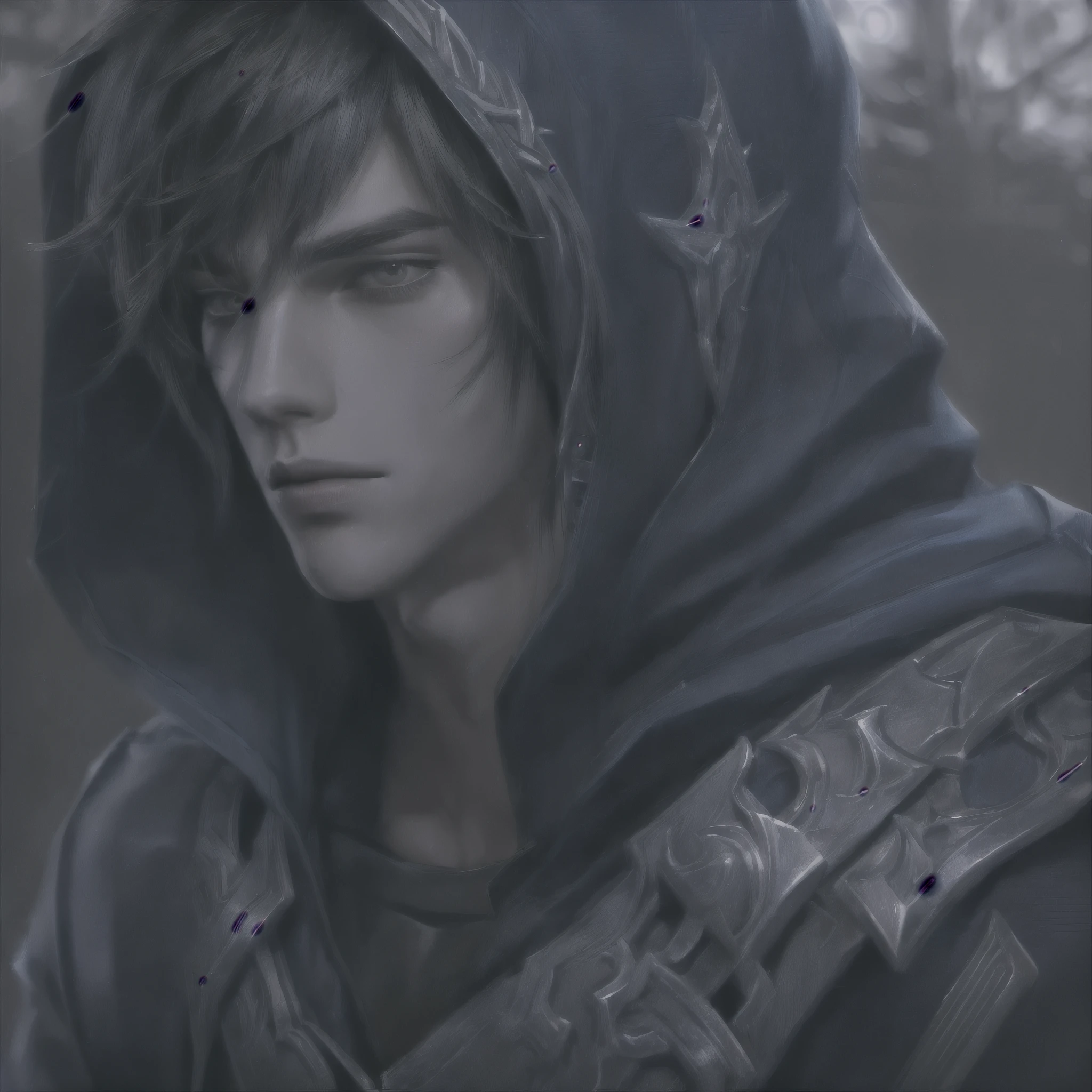 Talon (league of legends), masterpiece, best quality, realistic, 1man, young male, quiet and charming young man, 20 years old, close his eyes, serious, closed mouth, extremely detailed face, cold, ((dark eyes)),straight layered bangs hair ((hair medium hair long in length)), [thick eyebrows], ((blue clothes)), accurate, detailed, capuz na cabeça, hood, little blades in the clothes, capuz com uma ponta em cima da testa, armadura no ombro esquerdo, he is sad