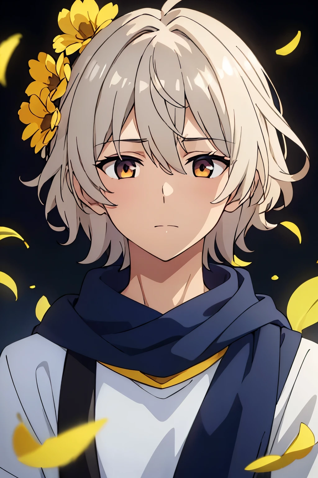 (high-quality, breathtaking),(expressive eyes, perfect face) 1boy, male, solo, teenager, white silver hair, golden highlights, soft wavy hair, short hair length, soft cute smile, kind face, blue scarf, white short sleeved t-shirt, black wizard cloak, black background, plain blackground,  golden yellow flowers, flowers, petals, hair ornaments, flower ornaments, hair flowers, narrow eyes,
