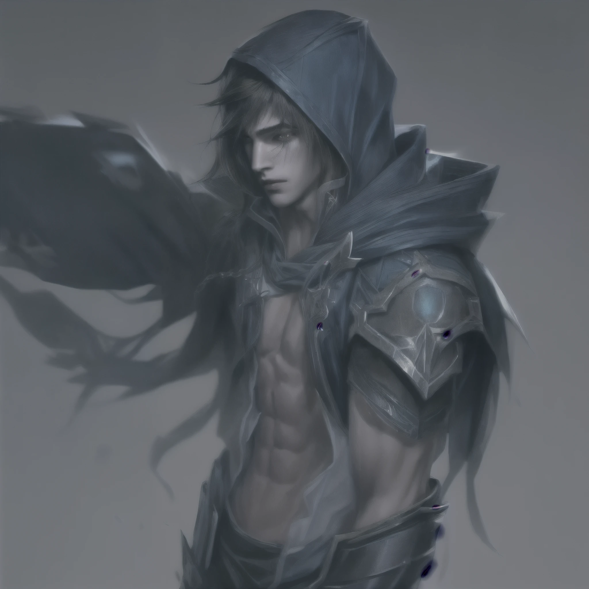 Talon (league of legends), masterpiece, best quality, realistic, 1man, young male, quiet and charming young man, 20 years old, close his eyes, serious, closed mouth, extremely detailed face, cold, ((dark eyes)),straight layered bangs hair ((hair medium hair long in length)), [thick eyebrows], ((blue clothes)), accurate, detailed, capuz na cabeça, hood, little blades in the clothes, capuz com uma ponta em cima da testa, armadura no ombro esquerdo, he is sad