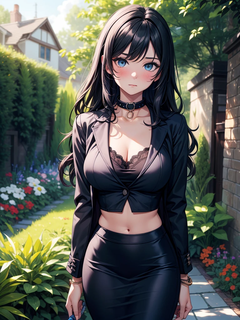 masterpiece, best quality, 1girl, black hair, long hair, parted bangs, updo hair, green eyes, detailed eyes, glowing eyes, red ribbon, ((slender body)), (realistic body), ((perfect female anatomy) )), (medium chest), black jacket, short shirt, black shirt, standing, smirk, navel, black shorts, shiny body, choker, in the garden, starry night, flowers, trees, outdoor --auto