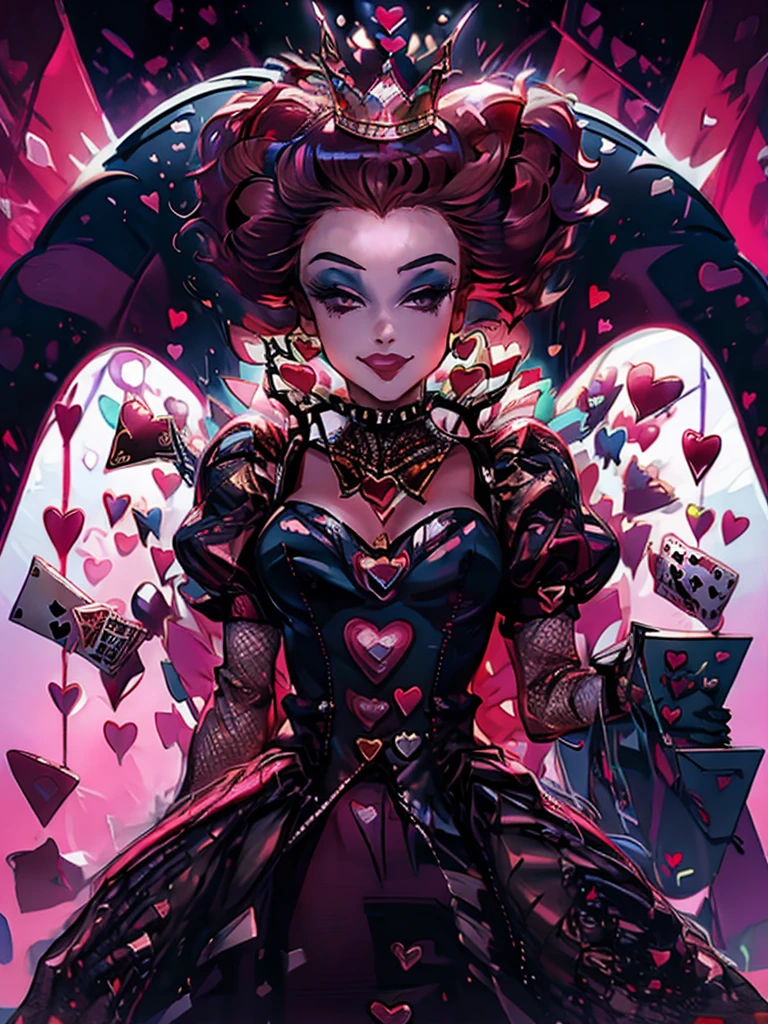 In a luxurious casino, A stunning woman wears an exquisite dress adorned with heart symbols, embodying the royal presence of the Queen of Hearts. Surrounded by a backdrop of poker cards and chips, She exudes confidence and seduction, inviting players to test their luck and skills in the game of chance. perfect hands, perfect fingers, short curly hair, red hair (queen of hearts), smiling,large smile, laughing, upper body, sitting in the throne