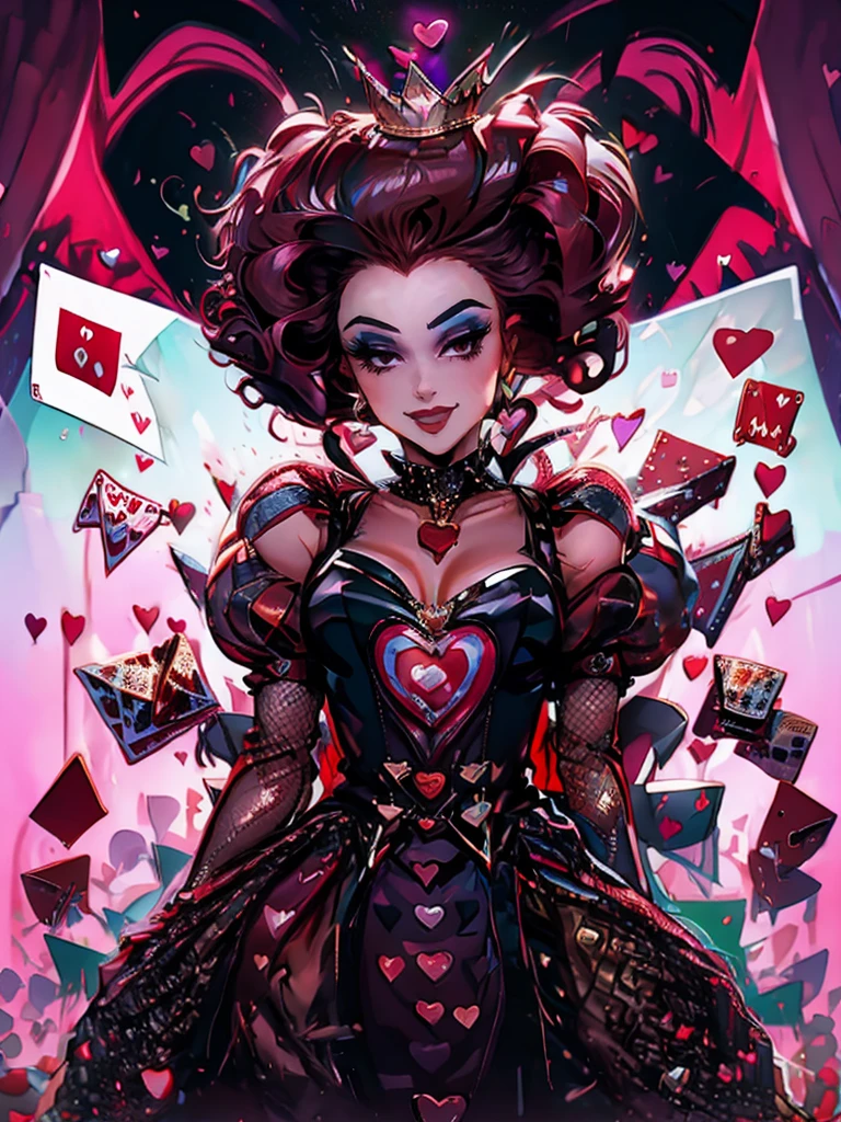 In a luxurious casino, A stunning woman wears an exquisite dress adorned with heart symbols, embodying the royal presence of the Queen of Hearts. Surrounded by a backdrop of poker cards and chips, She exudes confidence and seduction, inviting players to test their luck and skills in the game of chance. perfect hands, perfect fingers, short curly hair, red hair (queen of hearts), smiling,large smile, laughing, upper body, sitting in the throne