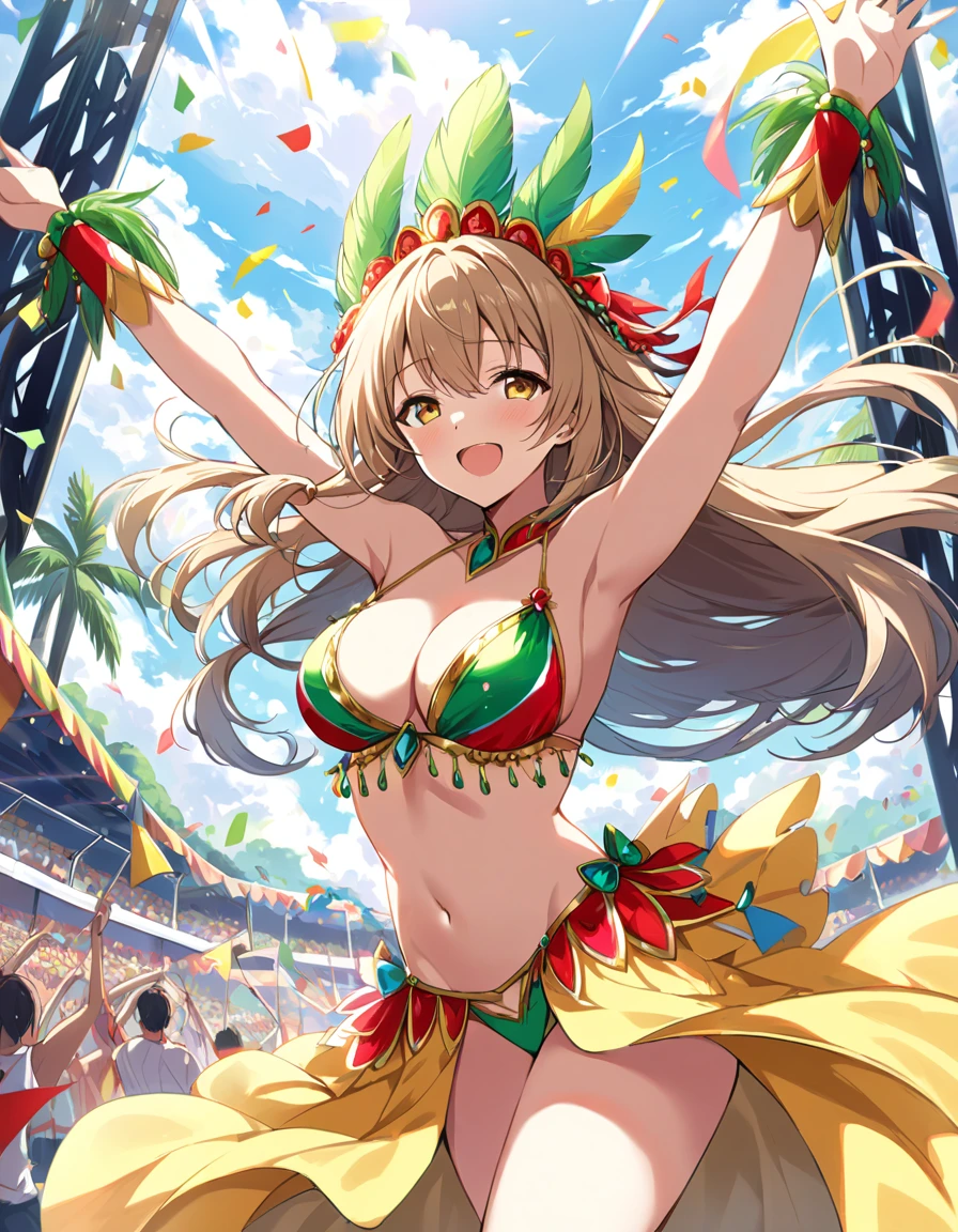 score_9, score_8_up, score_7_up,source_anime, 1girl, solo, light brown hair low-tied long hair, (tareme), golden yellow eyes, half-closed eyes, voluptuous, BREAK, outdoor stage, dancing samba, happy face, arms up, (carnival dancer costume bikini costume), (feather headdress), feather ornament on back, wind, floating hair, pose to looking away,scenery, masterpiece, best quality, very aesthetic, highly detailed,high resolution,