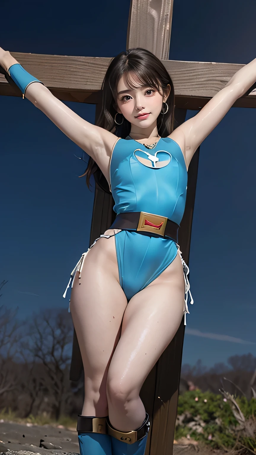 ((( best quality))), ((masterpiece)), ( Details), ((alone)), (((((( girl dressed in hurricane blue, hurricane blue outfit with hands tied in front, Ninpu Sentai Hurricanger , sexy pose body , Without helmet:1.5, blue spandex costume ,)))))), (((細身の体,:1.4, Big Breasts , big butt,Wide ass,Round and soft ass, slim and thin waist, thick thighs , Thin legs))),( pretty nipples, camel toe ,Camel hoof), (( GROWING SKIN , white skin, GROWING SKIN )), Mysterious Light, ((( A girl with a well-groomed face ))), (( big eyes)), ((((((Droopy eyes)))))), (((( close your eyes )))), (((( accurate anatomy )))), Completely-valid , eyeshadow, earrings for a woman alone , Necklaces , hurricane blue,ninpuu sentai hurricanger,crucifixion,spread_arms,Crucified on a cross:1.5,Crucifixion, Legs Open and Bound , I'm bending my knees,