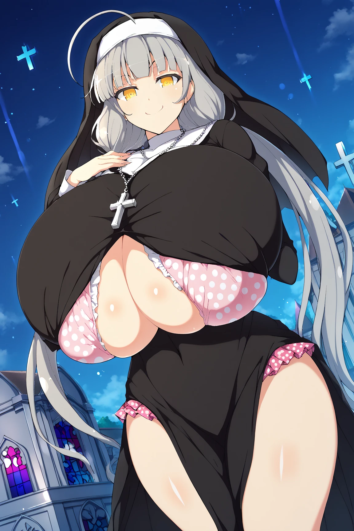 Expressive eyes, (((1 girl))), ((anime)), (Gray Hair ), ((Red eyes))，(Half closed eyes), ((very Big Breasts)), ((Firm breasts)),   ((Exposed thighs)),((goddess))((Nun&#39;s clothing，See through)), ((Big Breasts，and ass)), ((Blunt bangs)), ((Brown Skin，Sunburned skin)), ((In the temple)), Captivating smile, Princess Cut, Shiny Hair, (masterpiece),  Anatomically correct art, Very detailed, Advanced Details, high quality, 最high quality, High resolution, 4K, 8k, ((Ultra high slit skirt))，(((Captivating smile)))，