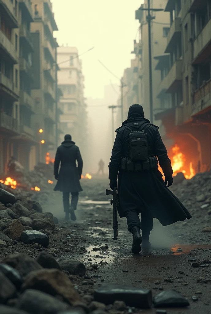 a group muslim army walking down a street with fire in the background, Zack Snyder, storming the army background, in this eerie scene, inspired by Feng Zhu, swarms of bats swirling, war footage, screenshot, on a battlefield, trenches